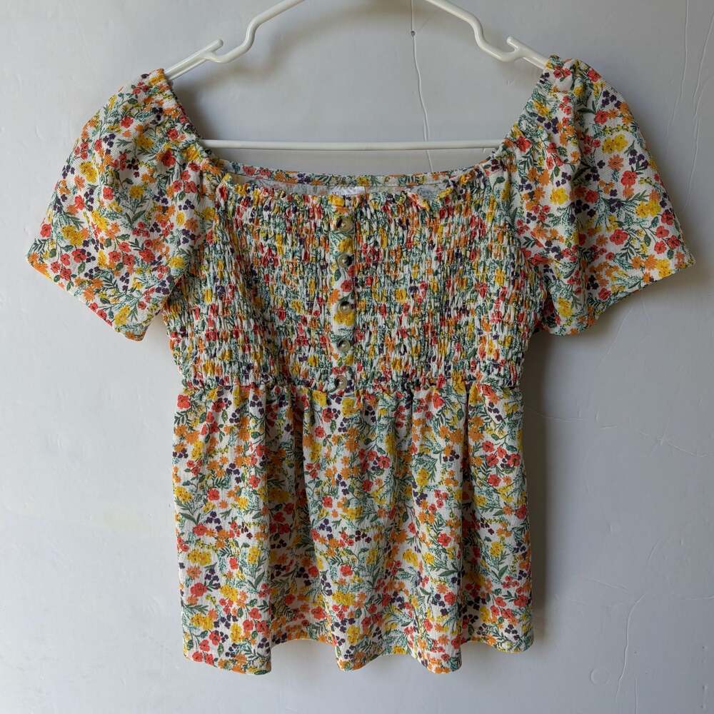 No Boundaries Floral Smocked Button-Front Peplum Top Size M (7-9)